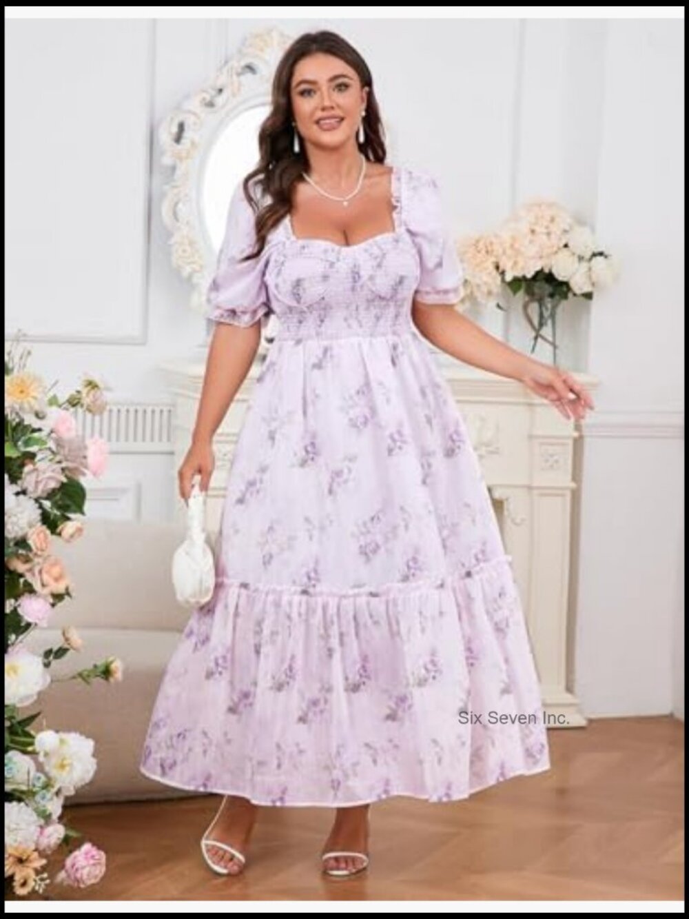 Plus Size Floral Maxi Dress with Puff Sleeves and Smocked Corset - Picture 2 of 7